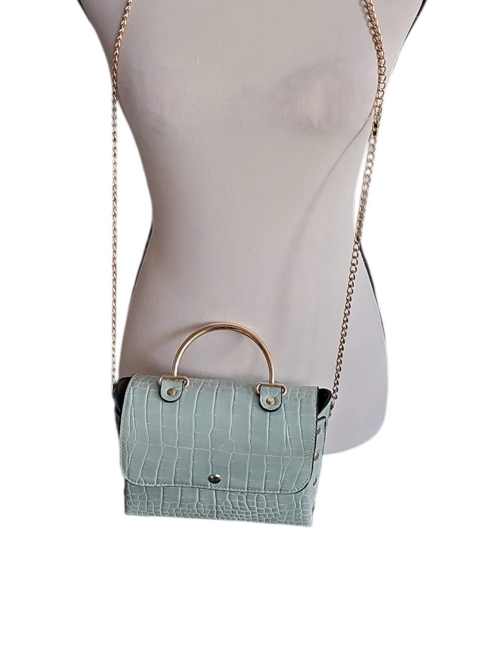 Croc-Embossed Mini Satchel in Mint with Gold Chain